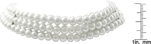 Vista 3 de Gargantilla de perlas de imitación de 3 hebras, acabado rodio, perlas redondas de 0.23 pulgadas, 13 pulgadas de largo más cadena extensora de 3