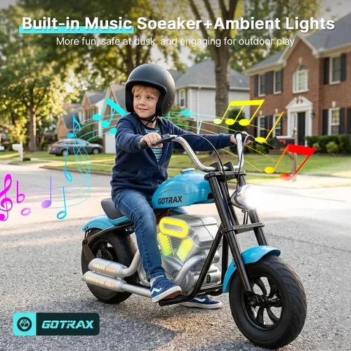 Vista 6 de Gotrax Retro Motorcycle for Kids 8+, 12" Tires,Max 9 Miles,6/10Mph 2 Speeds Blue