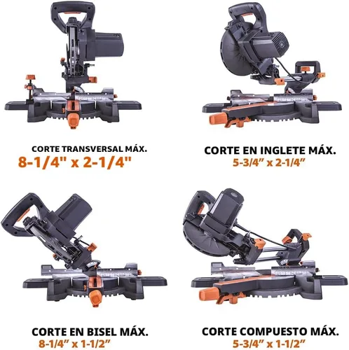 Vista 4 de Sierra de inglete deslizante Evolution Power Tools R185SMS+ con corte multimaterial, bisel de 45 grados, inglete de 50 grados, deslizamiento de 210