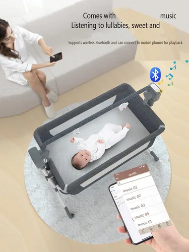 Vista 5 de Cuna eléctrica inteligente con Bluetooth para bebé, cuna de noche para bebé, cuna plegable convertible con control remoto, música, 5 engranajes