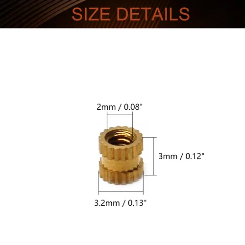 Vista 2 de MroMax Tuercas de inserción moleteadas M2, latón métrico M2x3x3.0.079 in Tuercas de inserción roscadas a través de roscas encajadas en agujeros