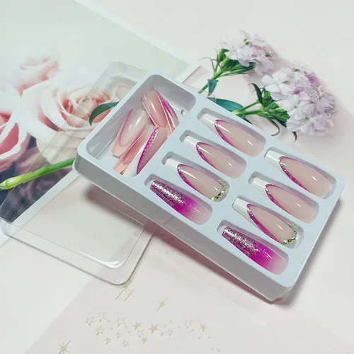 Vista 4 de Uñas largas a presión, uñas postizas cuadradas de punta francesa, uñas acrílicas, punta de ataúd, uñas adhesivas de cobertura completa, uñas