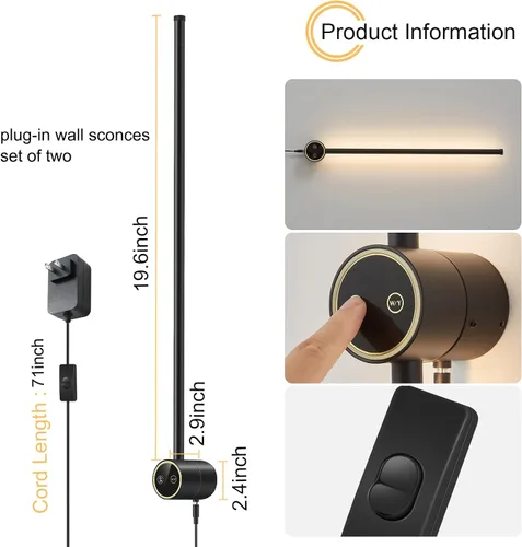 Vista 3 de Juego de 2 apliques de pared, 22 pulgadas, LED regulable, apliques de iluminación de pared negro mate, lámpara de pared moderna de 9 W, para sala