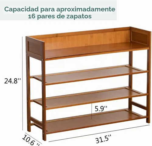 Vista 3 de latifolia Zapatero de bambú, organizador de 4 niveles para entrada, sala de estar (marrón, 31.40 pulgadas de largo)