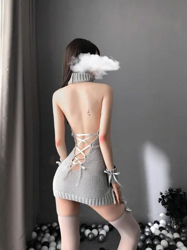 Vista 2 de Lencería de cosplay para mujer, cuello alto, sin mangas, vendaje de punto de anime, suéter de una sola pieza