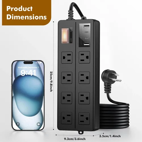 Vista 6 de Regleta de alimentación para exteriores IPX6 resistente a la intemperie, protector de sobretensiones impermeable con 8 tomas anchas con puertos USB