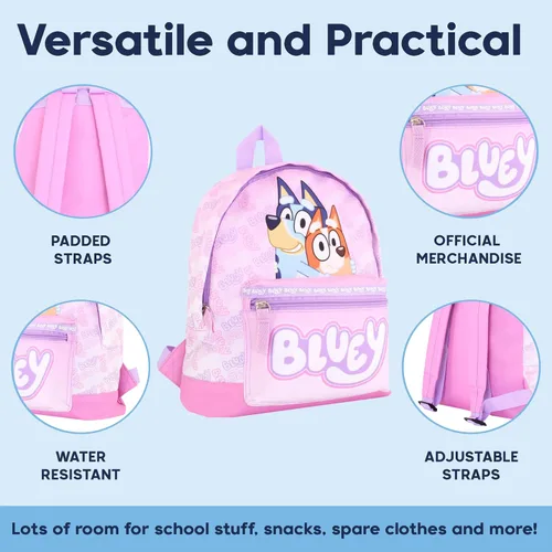 Vista 3 de Mochila Bluey para niñas, color rosa, juego de 3 piezas con lonchera y estuche para lápices