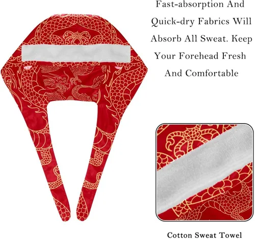 Vista 4 de 2 Pcs Womens Working Caps with Button Retro Love Red Rose Flower Pattern Lace-Up Hat Unisex Hair Covers One