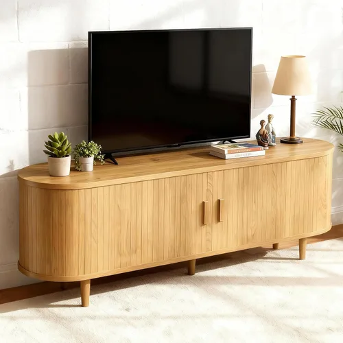 Vista 12 de Soporte de TV moderno de mediados de siglo de 58 pulgadas, consolas de TV de madera con puertas correderas y toma de corriente, centro