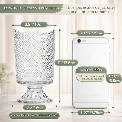 Vista 2 de WRINGKIT Juego de 3 jarrones de cristal en relieve, jarrones de pedestal