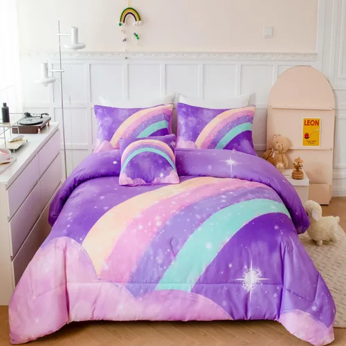 Vista 17 de ANGIYUIN - Juego de edredón infantil de gradiente arcoíris púrpura profundo, 6 piezas, ropa de cama con purpurina brillante para niñas, juego