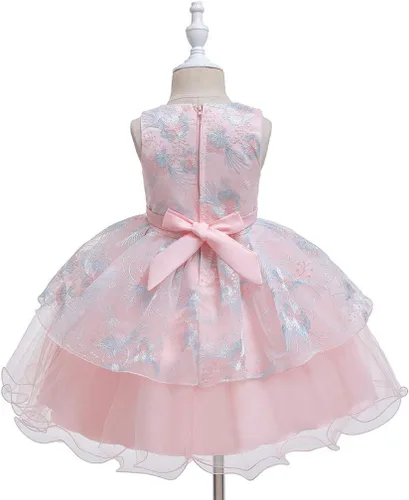 Vista 3 de Vestido de princesa para niñas con diseño floral, para fiesta de cumpleaños, boda, dama de honor, para primer cumpleaños (rosa, 2-3 años)
