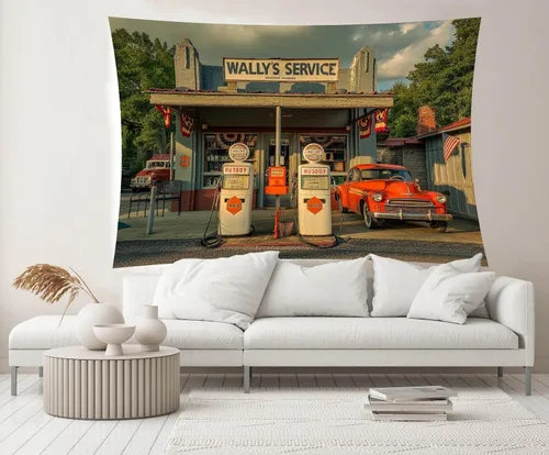 Vista 2 de Telón de fondo retro para gasolinera de 5 x 3 pies, estación de servicio de Wally, bombas de gas, bandera de Estados Unidos, flor, autopista, tienda
