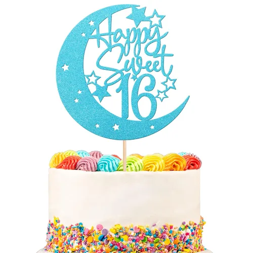 Vista 13 de 1 pieza de decoración de pastel de 16 años con purpurina de luna y estrella de luna feliz 16 cumpleaños, decoración para tartas de cumpleaños de 16