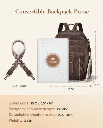 Vista 6 de Missnine Mochila de cuero para mujer, mochila antirrobo, bolsa de hombro convertible con cremalleras seguras para viajes y trabajo, Café, Vintage