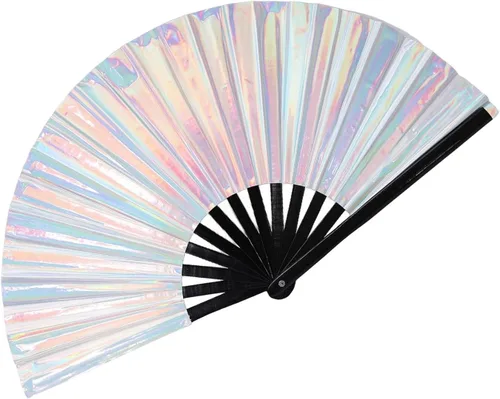 Vista 12 de Ventilador de mano plegable grande para hombres y mujeres, ventilador holográfico para mujeres, fiesta de baile, festivales, Halloween, EDM