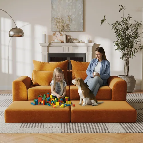 Vista 2 de Sofá biplaza modular con otomana, sofá deshuesado en forma de L, sofá modular personalizable, sofá cama de diseño de combinación libre, Clay Ember