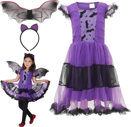 Vista 3 de Disfraz de vampiro de murciélago para niñas ropa de Halloween para niños vestido morado para cosplay Morado