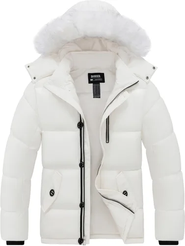 Vista 8 de Skieer Chaqueta acolchada con capucha para hombre, abrigo de invierno impermeable para exteriores, parka cálida con capucha desmontable