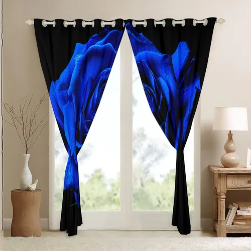 Vista 4 de Cortinas de ventana para el día de San Valentín para dormitorio, sala de estar, estampado 3D, cortinas florales de rosas azules para niños y niñas