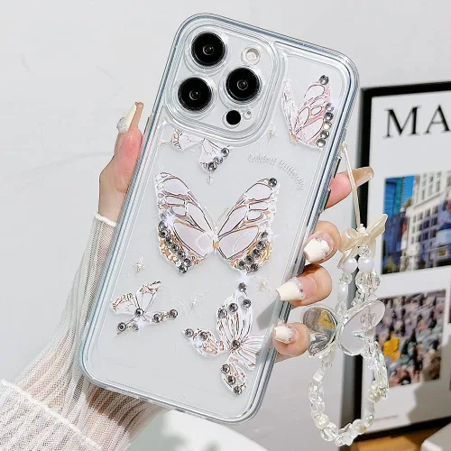 Vista 2 de Casechics Compatible con funda para iPhone, de lujo, transparente, con bonito diseño de mariposa, correa para pulsera, cadena, transparente, suave