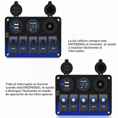 Vista 2 de Interruptor basculante de barco marino impermeable, panel de aluminio de 5 segmentos con ranura USB dual 3.1A + medidor de voltios, luz LED azul