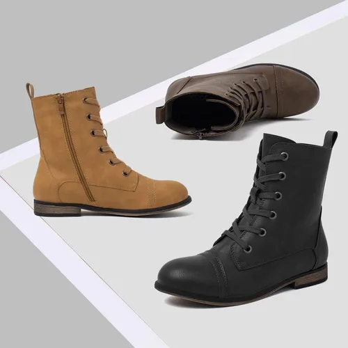 Vista 6 de katliu Botas de combate para mujer con cordones estilo militar con cremallera lateral puntera redonda