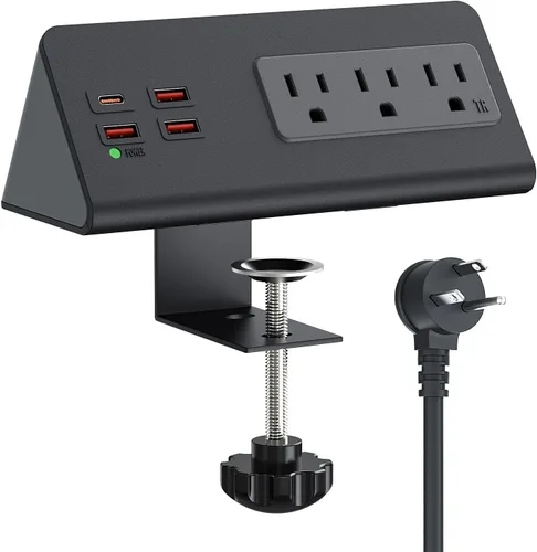 Vista 10 de Estación de carga para mesita de noche, regleta de enchufes de borde para mesita de noche con 3 tomas de CA, 4 puertos USB de carga rápida, con Negro
