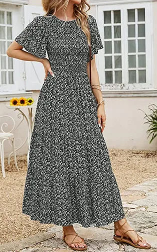 Vista 7 de PRETTYGARDEN - Vestido largo casual de verano para mujer, manga corta acampanada, bohemio, floral, cuello redondo, vestido blusón, escalonado