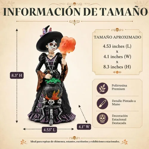 Vista 2 de Comfy Hour Figura de bruja del Día de los Muertos de 8 pulgadas, decoración Cocinar bruja