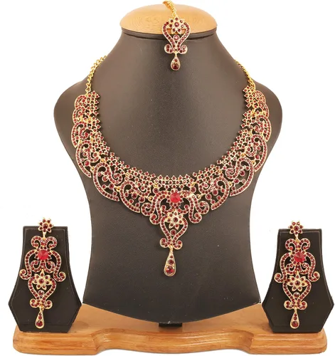 Vista 21 de Conjunto precioso de collar con look real Indian Bollywood, maravillosamente decorado, conjunto de collar adornado para mujer.