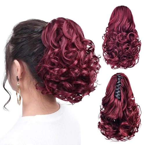 Vista 66 de Cola de caballo con clip, color castaño rojizo, ondulado de 10 pulgadas, extensión de cola de caballo de 3.3 onzas, extensiones de cabello sintético