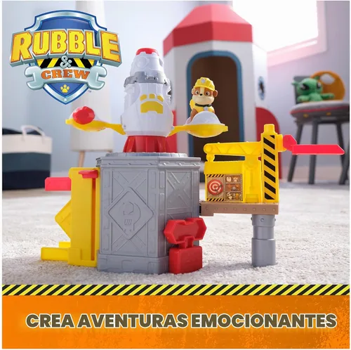 Vista 2 de Rubble & Crew, Launch & Spin - Juego de nave espacial con figura de juguete de Rubble en uniforme de construcción, juguetes para niños y niñas a