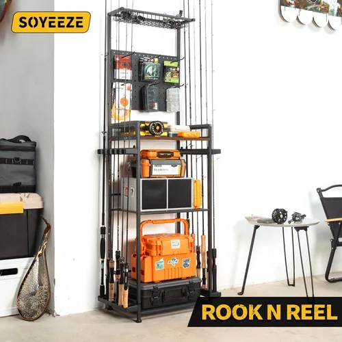 Vista 7 de SOYEEZE Soporte para caña de pescar para garaje, resistente soporte para caña de pescar de 4 niveles con capacidad para hasta 12 cañas con tablero