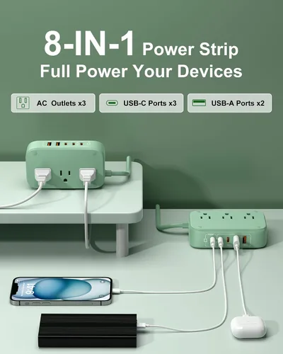Vista 3 de Estación de carga USB de 5 pies con tomas, tira de alimentación de viaje USB C plana PD 20 W cargador con salidas de CA de 2500 W, 3 puertos USB-C