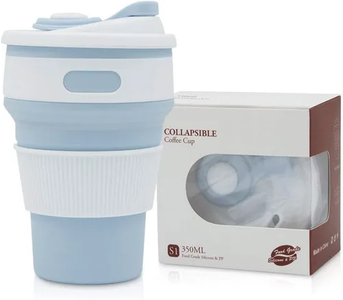 Vista 10 de Fullgaden Taza de viaje plegable de silicona, taza portátil con tapa, agua, café, coca cola y aperitivos para senderismo, campamento, picnic, azul