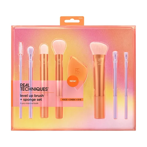 Vista 2 de Real Techniques - Juego de 8 piezas de brochas y esponjas Level Up, brochas de maquillaje para sombra de ojos, base, colorete y bronceador, esponja