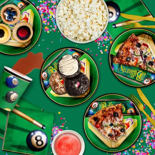 Vista 6 de Suministros de fiesta de billar – Platos de mesa de billar y servilletas – Suministros de cumpleaños para adultos – Juego de vajilla para el día