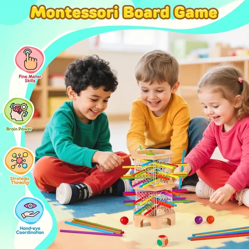Vista 2 de Juego de mesa de madera Montessori, 42 dados de palos coloridos para niños de 3, 4, 5, 6 años, juguetes matemáticos educativos para habilidades