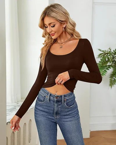 Vista 7 de Ficerd 3 piezas de camisetas cortas básicas de manga larga para mujer, ajustadas, cuello redondo, color liso, casual, para mujer