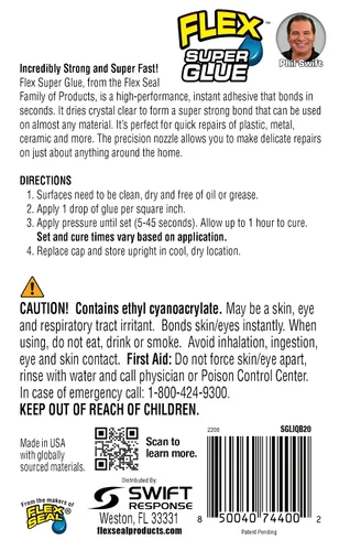 Vista 3 de Flex Super Glue Líquido, Botella de 20 Gramos, Pack de 2, Transparente, Enlace Instantáneo, Secado Rápido, Adhesivo de Cianoacrilatos, Punta