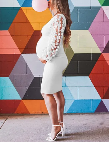 Vista 2 de Vestido de maternidad con mangas de obispo de malla floral fruncido lateral elegante vestido midi ajustado para baby shower sesión de fotos casual