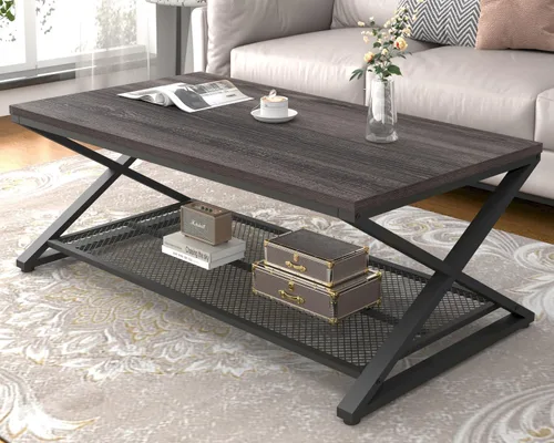Vista 15 de LVB - Mesa de centro negra de 2 niveles con almacenamiento, 39 pulgadas Industrial Metal Wood Living Room Table with Storage, Farmhouse Wooden