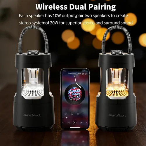Vista 2 de Revonext - Linterna de campamento con altavoz Bluetooth, altavoz inalámbrico impermeable para exteriores con luz ambiental de doble color, altavoz