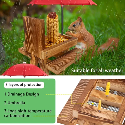 Vista 5 de MIXXIDEA Mesa de Picnic Comedero para Ardillas con Sombrilla Alta, Comederos de Madera para Ardillas para Exterior, Lindo Comedero para Ardillas
