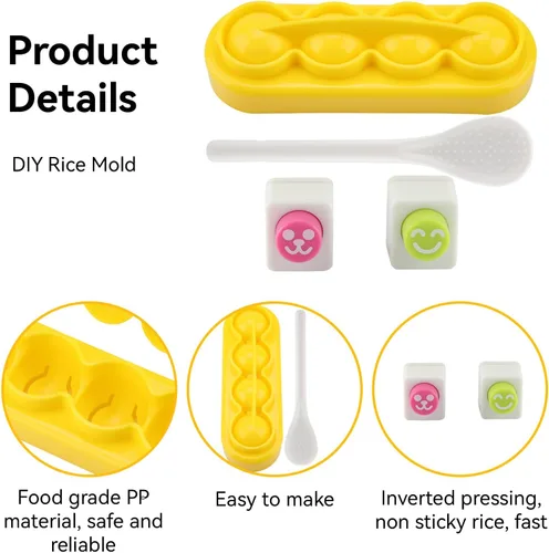 Vista 6 de Agatige Moldes de bolas de arroz, mini máquina portátil para hacer bolas de arroz, moldes de sushi con cuchara y cara sonriente, algas marinas Nori