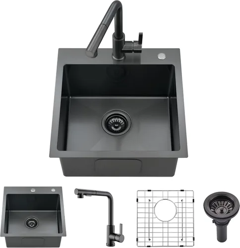 Vista 11 de Fregadero de barra empotrable de 15 pulgadas con combo de grifo Acero inoxidable dorado, tazón individual de montaje superior, diseño moderno