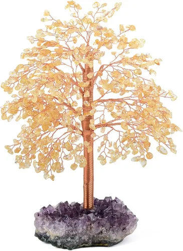 Vista 10 de Árbol de la vida con piedras preciosas de amatista natural, base de cuarzo transparente, bonsái de dinero de chakras, Feng Shui, cristales curativos