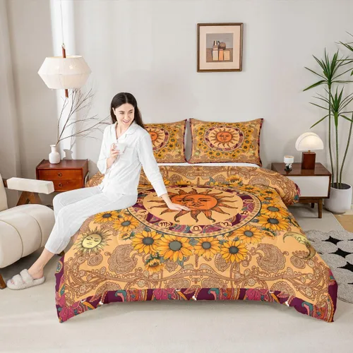 Vista 58 de Erosebridal Juego de edredón de hojas de cannabis, juego de ropa de cama de marihuana con estampado colorido de plantas, decoración bohemia de 2