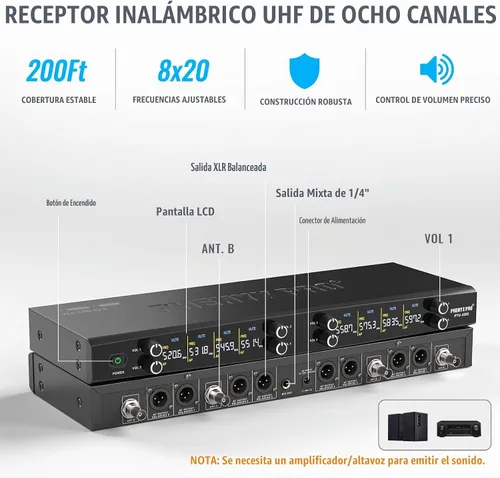 Vista 2 de Phenyx Pro Sistema de Micrófono Inalámbrico, Set de Micrófono Inalámbrico de Metal de 8 Canales con 8 Micrófonos Inalámbricos, Frecuencias UHF 8x20